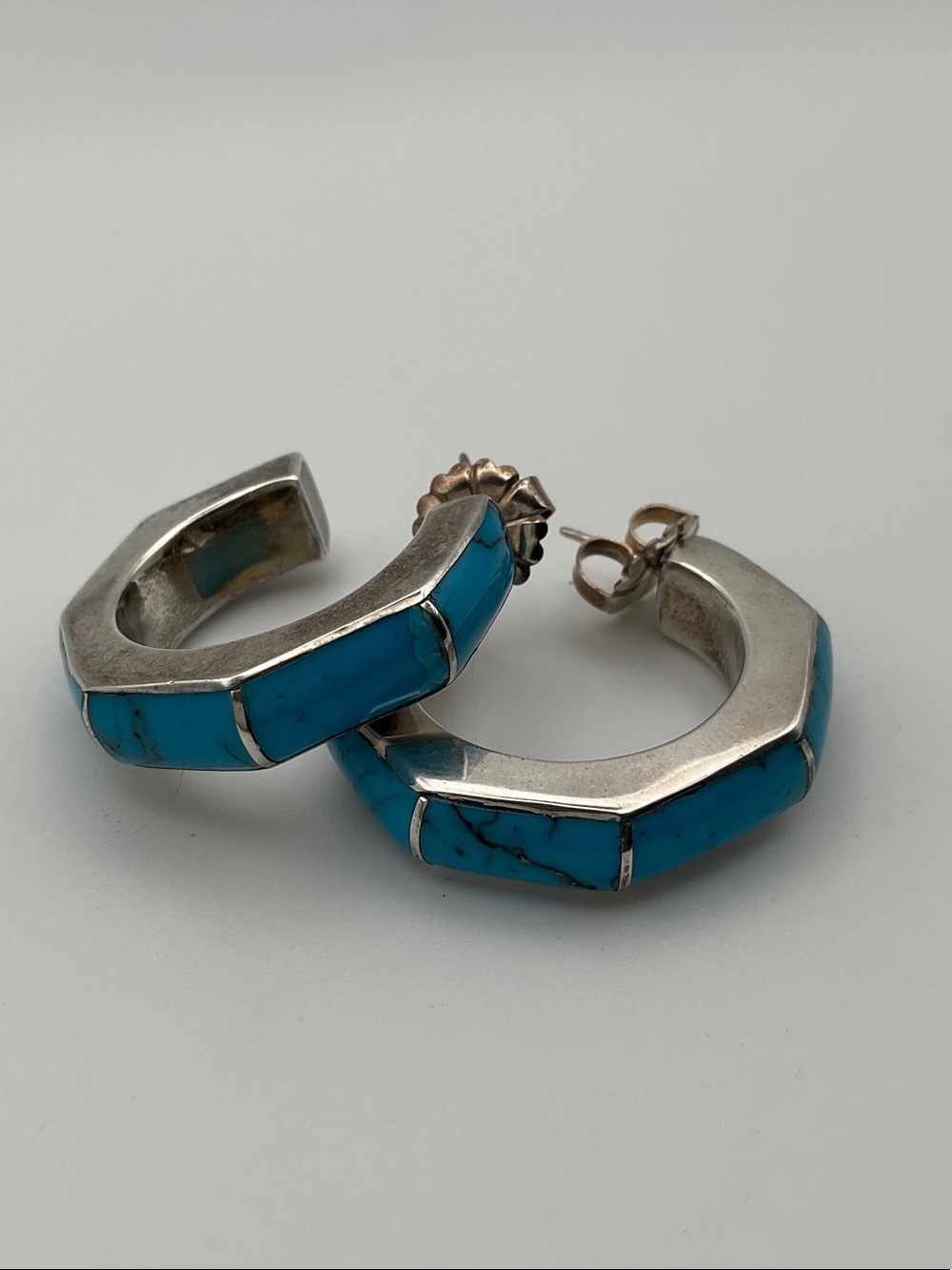 Turquoise Inlay Sterling Hoop Earrings - Blue